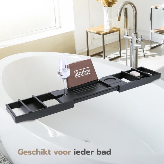 Bathr Luxe Bamboe Badplank Voor In Bad - Badrek Met Boeksteun / Tablethouder En Wijnglashouder - Bad Rek - Verstelbaar - 75 tot 110 cm - Hout - Zwart - Bathr
