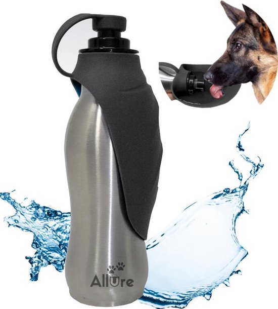 Allure Pets - Honden waterfles RVS | Draagbare Honden Drinkfles | Doseerfles voor Honden | Waterfles voor onderweg met de Auto- wandelen | Sillicone drinkgedeelte | Honden Bidon | Lek vrij | Roestvrij staal | 600ml | Zwart