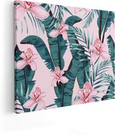 Artaza Canvas Schilderij Tropische Roze Zomer Bloemen Met Bladeren - 100x80 - Groot - Foto Op Canvas - Canvas Print