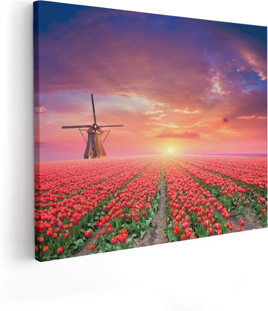 Artaza Canvas Schilderij Rode Rozen Bloemenveld Met Een Windmolen - 100x80 - Groot - Foto Op Canvas - Canvas Print