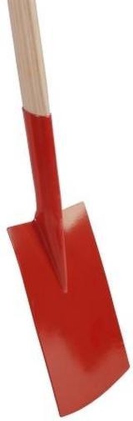 Close-up van de rode, rechthoekige spade met een essenhouten steel.