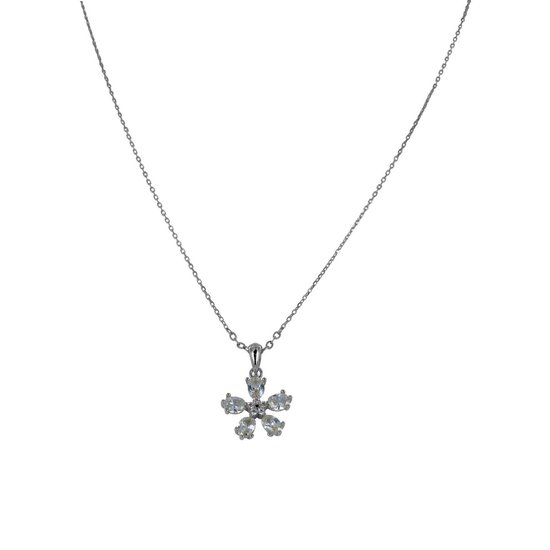 Silventi 9SIL-21509 Zilveren Ketting met Hanger - Dames - Bloem - 12 mm Doorsnee - Zirkonia - Ankerschakel - 38 + 7 cm - Rhodium - Zilver