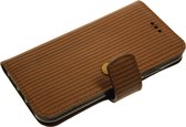 Made-NL Handgemaakte iPhone 12 Pro Max book case relief strepen bruin met subtiele glitters motive leer hoesje