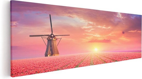 Artaza Canvas Schilderij Rode Rozen Bloemenveld Met Een Windmolen - 90x30 - Foto Op Canvas - Canvas Print