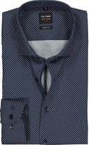 OLYMP Level 5 body fit overhemd - mouwlengte 7 - blauw met wit dessin satijnbinding (contrast) - Strijkvriendelijk - Boordmaat: 44