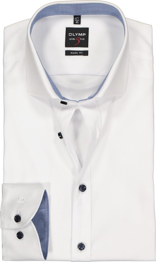 OLYMP Level 5 body fit overhemd - wit structuur (blauw contrast) - Strijkvriendelijk - Boordmaat: