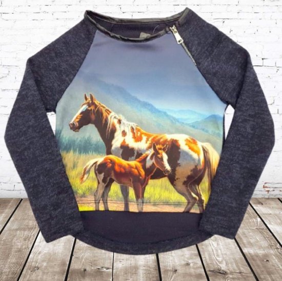 Foto: Blauwe trui met paardenprint s c 86 92 trui meisjes