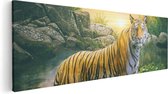 Artaza Canvas Schilderij Luipaard In Een Vijver Bij Zonsondergang - 120x40 - Groot - Foto Op Canvas - Canvas Print