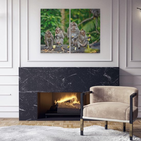 Artaza Peinture sur toile Diptyque Groupe de singes mangeant des bananes dans la forêt - 80 x 60 - Photo sur toile - Impression sur toile
