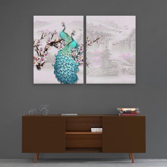 Artaza - Peinture sur toile Diptyque - Deux paons bleus - Abstrait - 120x80 - Photo sur toile - Impression sur toile