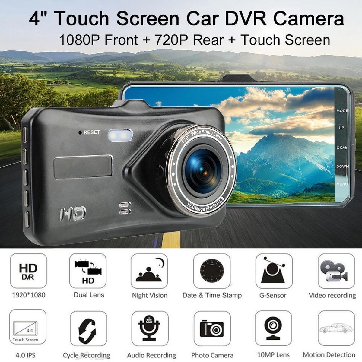DrPhone DC7 Auto Dashcam Voor en Achter - Video Recorder FHD 1080p- 4 Inch Touchscreen - Loop Opname - G-sensor - 170 ° Groothoek – Nachtzicht (WDR)- Bewegingsdetectie – foto 5