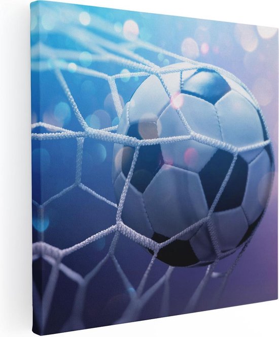 Artaza Canvas Schilderij Voetbal Bal Door Het Goal Heen - 70x70 - Foto Op Canvas - Canvas Print