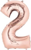 2 Jaar Folie Ballonnen Rosé Goud - Happy Birthday - Foil Balloon - Versiering - Verjaardag - Jongen / Meisje - Feest - Inclusief Opblaas Stokje & Clip - XXL - 115 cm