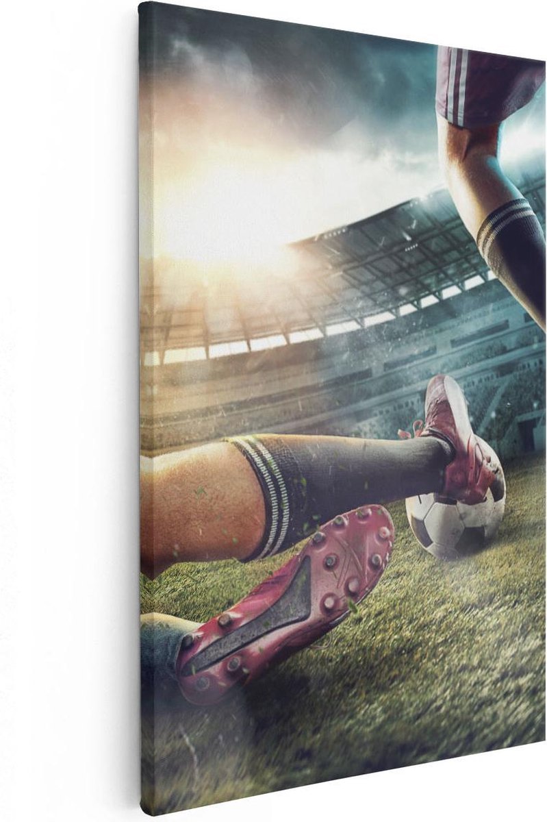 Artaza Canvas Schilderij Voetbal Sliding In Het Stadion - 60x90 - Foto Op Canvas - Canvas Print