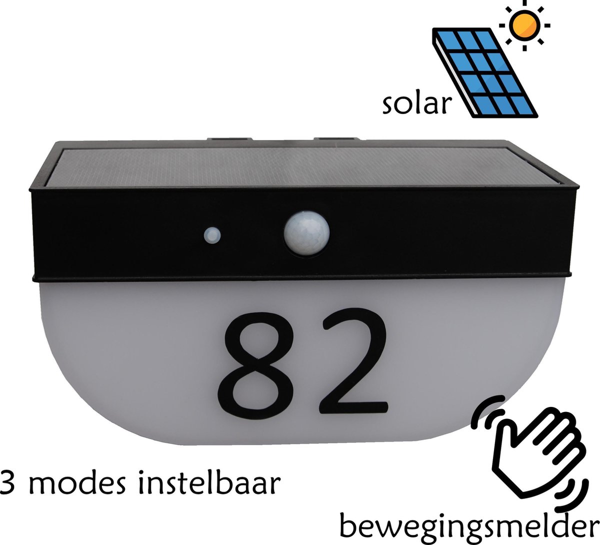 Solar Huisnummer verlichting | bewegingsmelder | 3 modes instelbaar | Li-ion | LED | 300lm | incl. huisnummers | 3000K warm wit