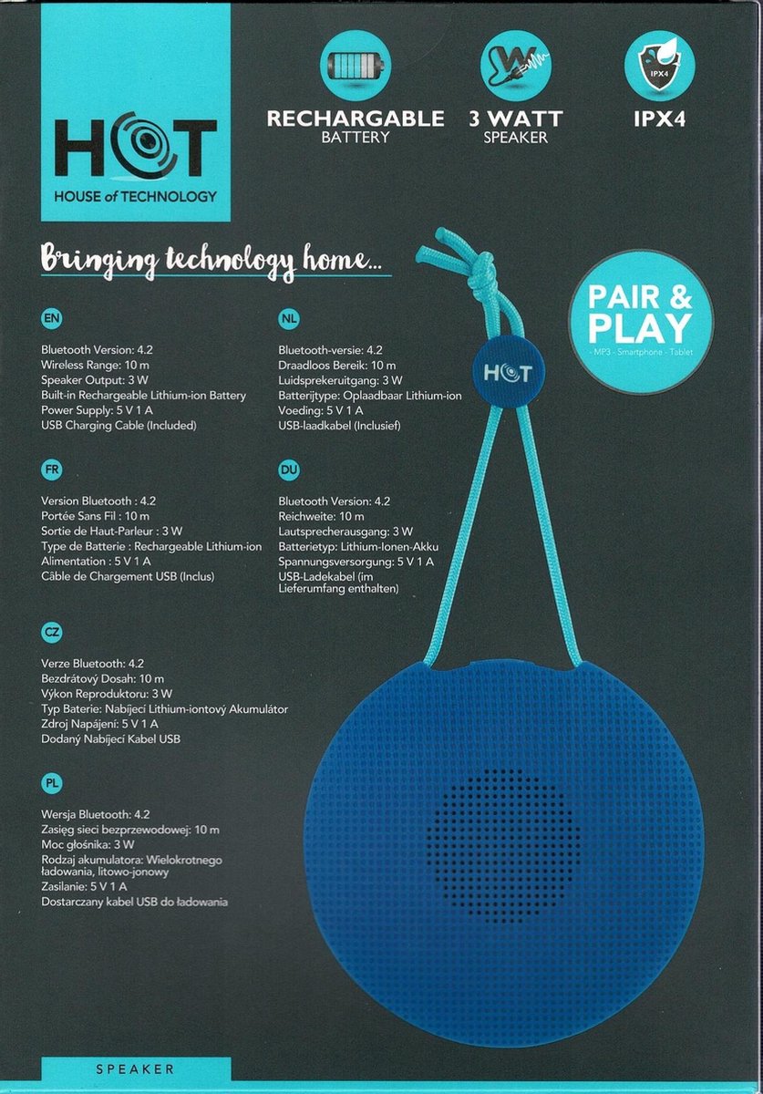 HOT - Bluetooth IPX4 Speaker - Pair & Play - Blue