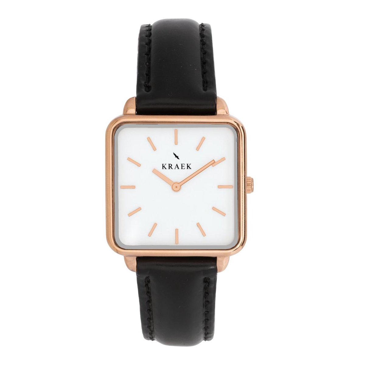 KRAEK Sheilah Rosé Goud Wit 28 mm | Dames Horloge | Zwart leren horlogebandje | Vierkant | Minimaal Design