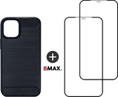 BMAX Telefoonhoesje voor iPhone 12 Mini - Carbon softcase hoesje zwart - Met 2 screenprotectors full cover