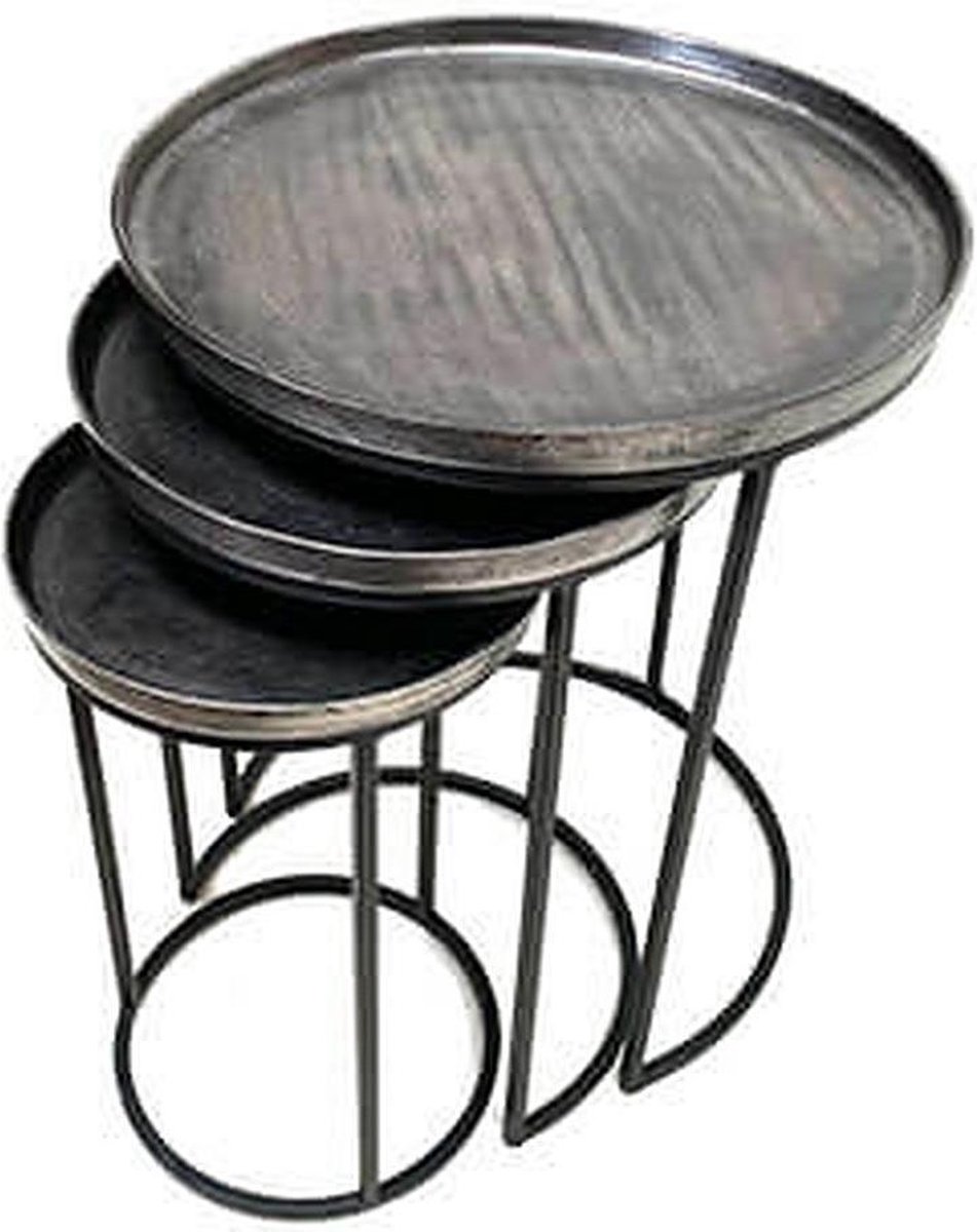 by Mooss - Bijzettafel - Set van 3 - Rond - 50 x 63 cm - 40 x 58 cm - 30 x 52 cm - Industrieel - Metaal - Zwart - Plantenstandaard - Bijzettafel