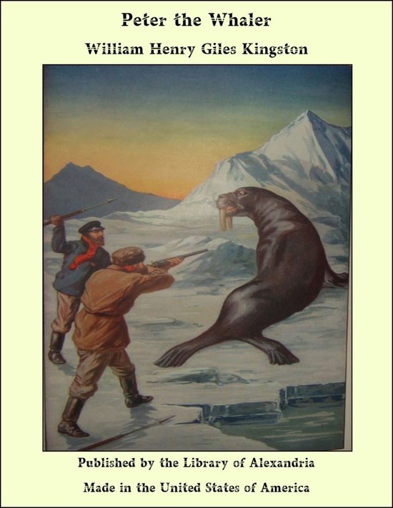 Boekomslag van 'Peter the Whaler' met twee mannen die jagen op een walrus in een ijzig landschap.