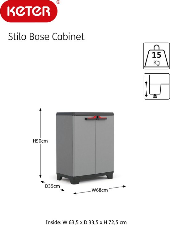 Grijze Stilo Base kast, 68cm breed, 39cm diep en 90cm hoog, met rode handgrepen.