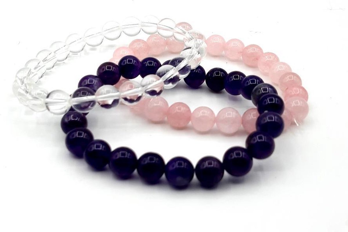 Amethist - Rozekwarts - Bergkristal - edelsteen kralen armband (Gouden driehoek)