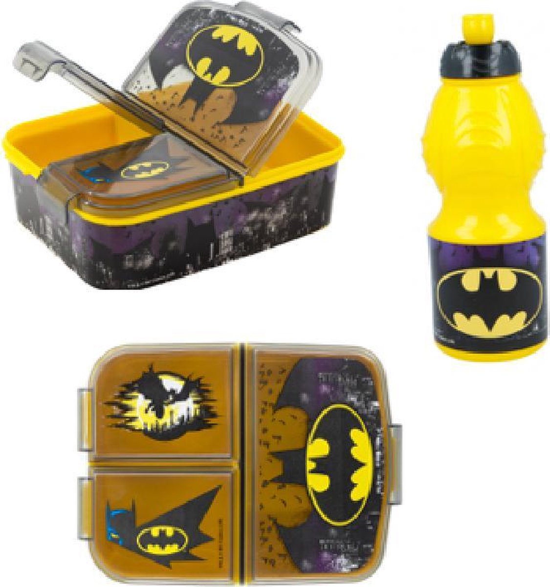 Batman 3 compartimenten brooddoos (20 cm - 17 cm - 7 cm) + Drinkfles (18 cm hoog - 400 ml)