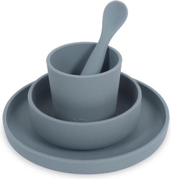Jollein de dîner Jollein| Service de vaisselle pour enfants 4 pièces | Silicones |gris orage + bavoir avec bac de récupération | silicone | dîner | vaisselle pour enfants | cadeau de maternité | nouveau née |nourrisson | enfant