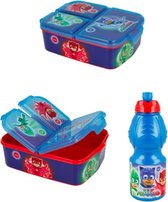 Pj Masks 3 compartimenten brooddoos (18 cm - 13 cm - 6 cm) + Drinkfles (18 cm hoog - 400 ml)