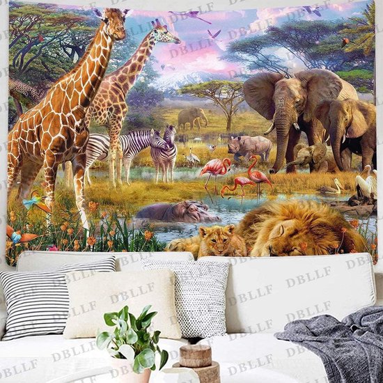 Ulticool - Safari Animaux Nature Girafe Elephant - Tapisserie - 200x150 cm - Groot tapisserie - Affiche