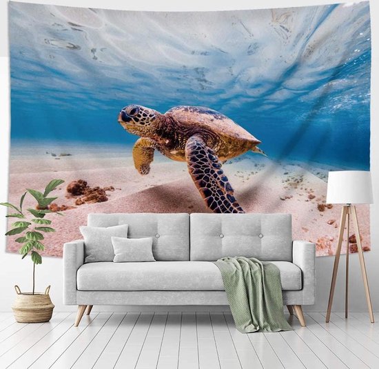 Ulticool - Schildpad Oceaan Zee Aquarium Eiland Strand - Wandkleed - 200x150 cm - Groot wandtapijt - Poster