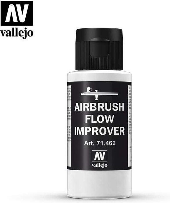 Vallejo Airbrush Flow Improver, flacon avec bouchon noir. Texte : 'AIRBRUSH FLOW IMPROVER Art. 71.462'.