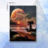 Diamond Painting Pakket Tropische Rode Maan - vierkante steentjes - 40 x 50 cm