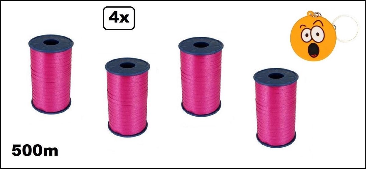4x Krullint hard roze 5mmx500meter + sleutelhanger smiley| merk Cotton blue |krullint | krul lint kerst thema feest decoratie kado krul lint.