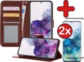 Hoesje Geschikt voor Samsung S20 Plus Hoesje Book Case Hoes Portemonnee Cover Walletcase Met 2x Screenprotector - Hoes Geschikt voor Samsung Galaxy S20 Plus Hoes Bookcase Hoesje - Bruin