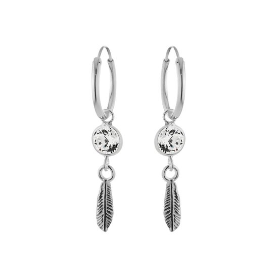 Boucles d'oreilles femmes | Boucle d'oreille / créoles avec pendentif | Créoles en argent avec pendentif sur pierre, plume