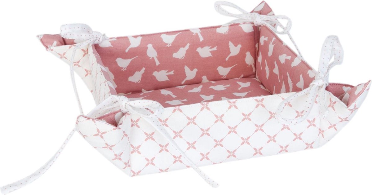 Broodmand - Katoen - 20 x 20 x 8 cm - Landelijk - Vogels - Birds - Oud Roze