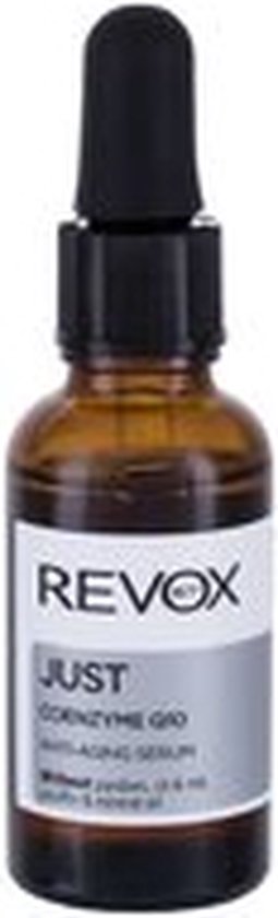 Bruine glazen druppelflacon van Revox Just Coenzyme Q10 Anti-Aging Serum met zwart dopje.