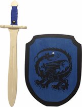 Houten struikrover zwaard en Schild Blauw draak kinderzwaard ridderzwaard ridderschild ridder