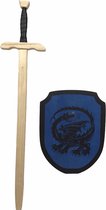 Houten roofridder zwaard en ridderschild blauw met zwarte draak schild ridderzwaard kinderzwaard