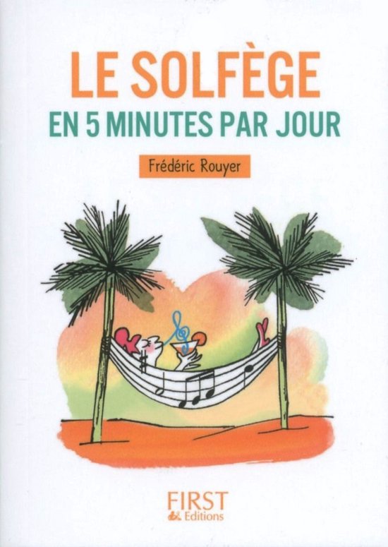 Livre 'Le Solfège en 5 minutes par jour' avec illustration de deux oiseaux dans un hamac entre deux palmiers.
