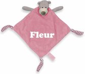 Funnies tutdoekje beer met naam - Gepersonaliseerd - kraamcadeau - Roze - baby knuffel