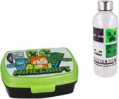 Minecraft brooddoos (17 cm - 13 cm - 6 cm) + Drinkfles  - Waterfles - Plastiek (22 cm hoog - 850 ml)