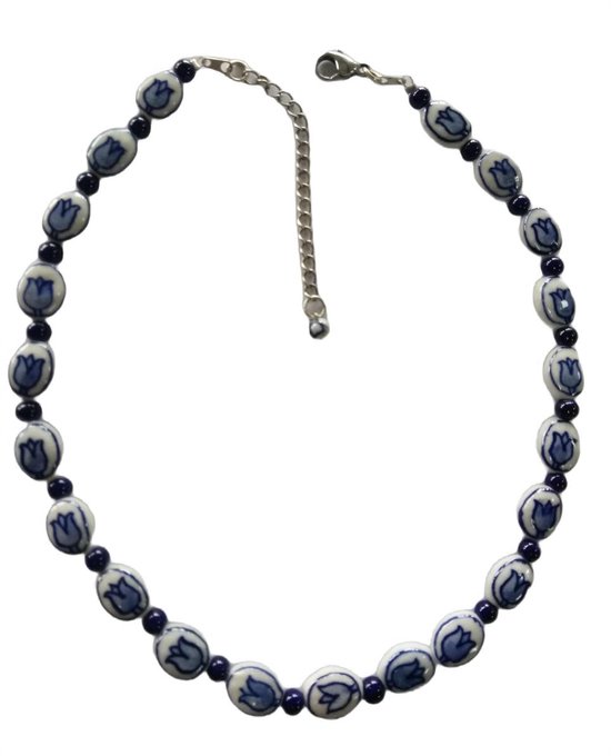 Collier Handgeschilderddelftsblauw porselein, kralen met tulpjes, 40 cm plus verlengkettinkje