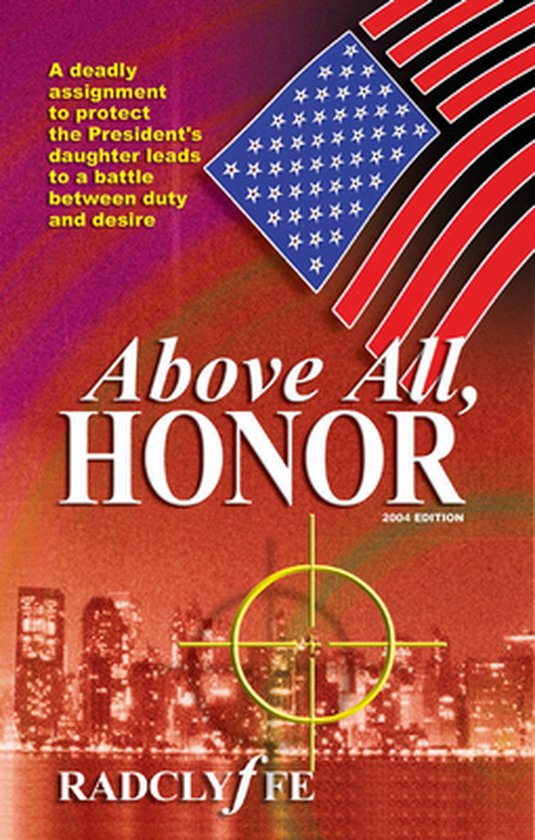 Boek 'Above All, Honor' met Amerikaanse vlag, stadsgezicht en een richtkruis.