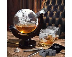 MikaMax Globe Whiskey Decanter – Standaard Versie – Whiskey Set – Complete Set – Whiskey Karaf – Incl. 2 Whiskey Glazen en Whiskey Stones – 900 ML