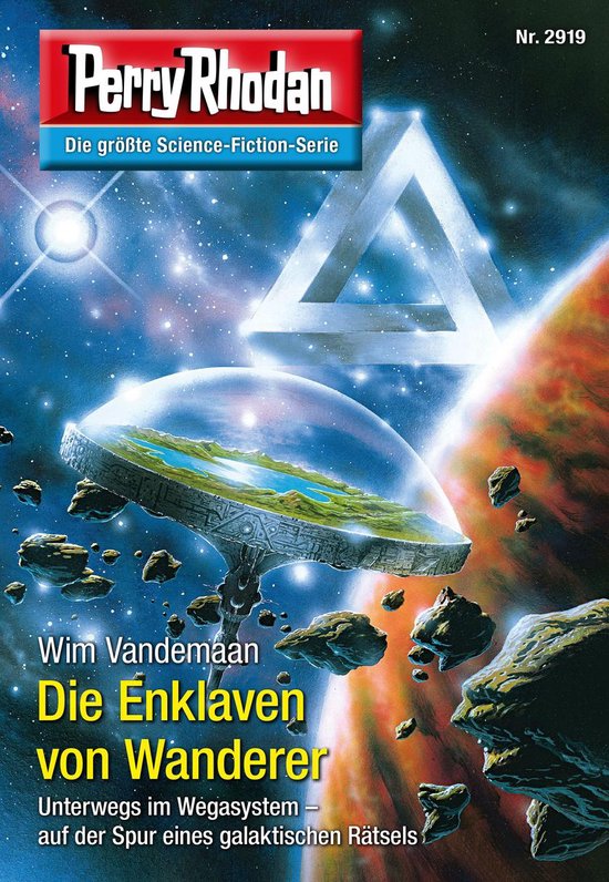 Perry Rhodan - Die Enklaven von Wanderer. Een ruimteschip met een koepel en groen landschap vaart tussen planeten en asteroïden.