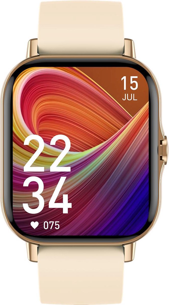 Belesy® Meander - Smartwatch Dames - Smartwatch Heren - Horloge - 1.78 inch – Hoge resolutie kleurenscherm - Stappenteller – Bloeddruk - Bluetooth bellen - Veel Wijzerplaten – Goud – Siliconen – Crème Wit - Moederdag