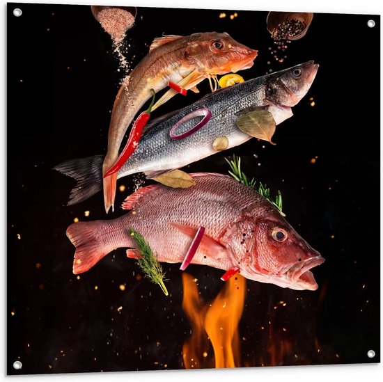 Tuinposter – Vissen met Specerijen op de BBQ  - 100x100cm Foto op Tuinposter  (wanddecoratie voor buiten en binnen)