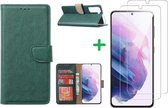 Hoesje Geschikt Voor Samsung Galaxy S21 Plus hoesje wallet case Groen - Galaxy s21 Plus hoesje bookcase portemonnee book case hoes cover hoesjes met 2 pack Screenprotector